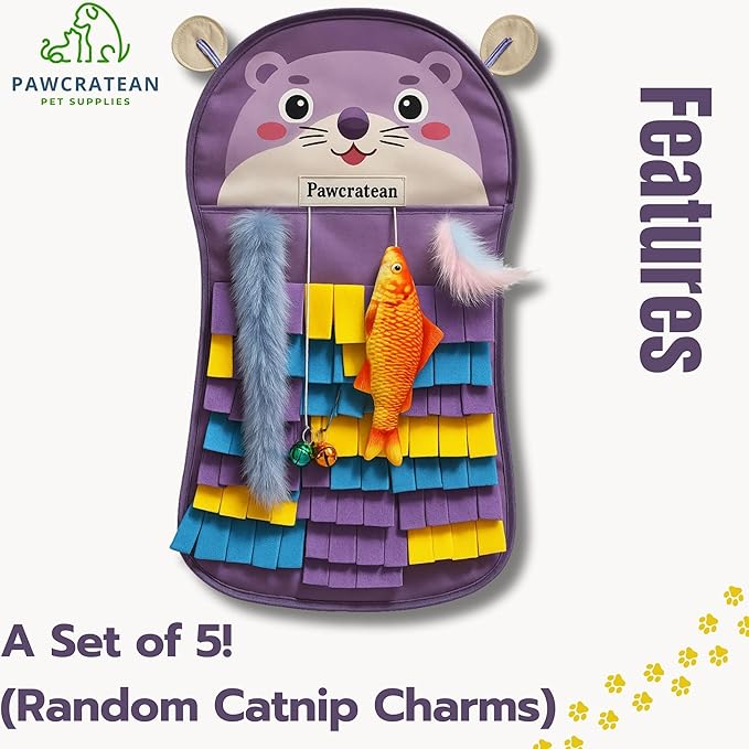 27 Inch Soft Felt Fringe Cat Wall Mat with Charms – Purple Bear Vertical Play Pad & Storage Pocket (Purple Bear)
