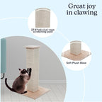 Cat Scratching Post with Carpeted Base - 27.75-Inch Sisal Burlap Fabric Scratcher - Furniture Scratching Deterrent for Indoor Cats by PETMAKER (Beige)