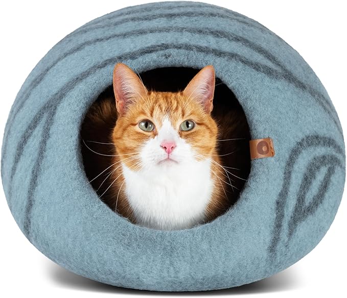 MEOWFIA Cat Cave – Premium Felt Cat Bed for Indoor Cats, Handmade Merino Wool (Aquamarine, Large)