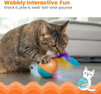 Catstages Whack N' Wobble Ball Intearctive Cat Toy, Weighted Ball with Feathers, Bell, Glitter Fabric & Catnip Oil, Turquoise