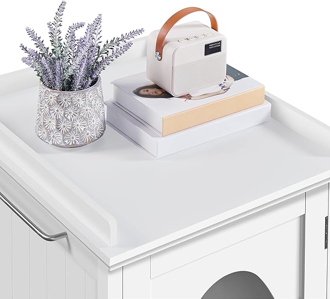 Yaheetech Cat Litter Box Enclosure, Hidden Litter Box Furniture with Side Towel Bar, Wooden Cat Washroom, Storage Cabinet, Indoor Pet House, Side Table Nightstand, White