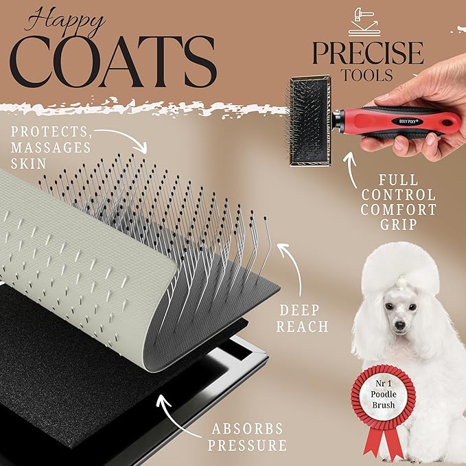 Mini Brush for Dogs and Cats - Coated Tips Massage Skin - Long Pins Remove Mats, Tangles in Long and Poodle Fur