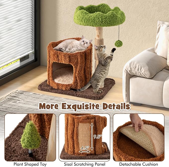 Tangkula Solid Wood Cat Tree, Natural Branch Cute Kitten Tower with Jute Scratching Post & Mat, Tree Hole Condo, Bed, Perch, Dangling & Spring Balls, Small Cat Climbing Stand for Indoor Cats & Kittens
