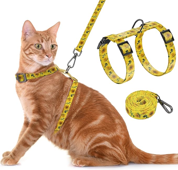 Cat Harness and Leash Set, Adjustable Kitten Harness Escape Proof Cats Harness, Soft Lightweight Walking Travel Pet Harness, Cute Kitty Harness Leash Set for Small Medium Cats, Yellow Sunflower
