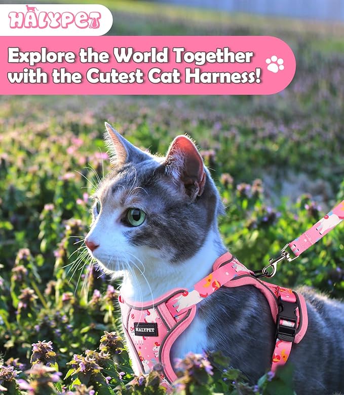 Halypet Cat Harness and Leash Set[MAX Safety 4th-Gen] Cute Escape Proof Vest Harness for Girl&Boy Cat Walking, Comfortable Adjustable Leash and Reflective Strips for Outdoor Kitten, XS Pink Unicorn