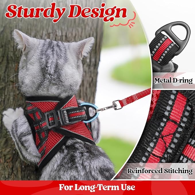 rabbitgoo Cat Harness and Leash Set for Walking Escape Proof, Adjustable Soft Kittens Vest with Reflective Strip for Cats, Comfortable Outdoor Vest, Red, S