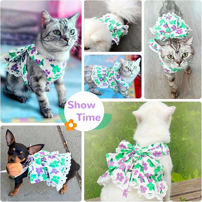 Dog Harness Dress Leash Set for Small Dog Summer Clothes Girl Female Puppy Cats Outfits Cute Floral Bowknot Princess Birthday Dress for Extra Small Pet Doggie Kitten Outfits Apparel(Green,L)