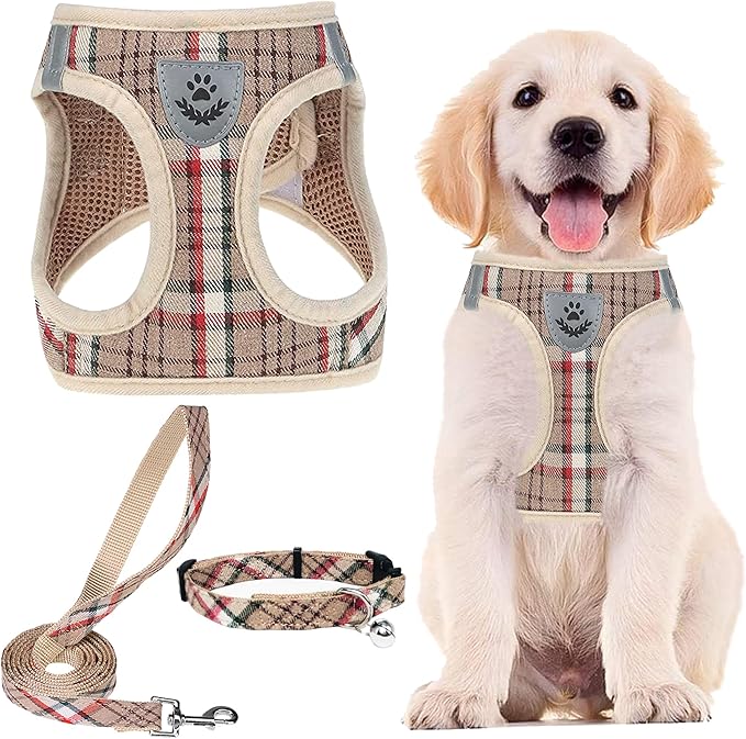 PUPTECK Adjustable Dog Harness Collar and Leash Set Step in No Pull Pet Harness for Small Medium Dogs Puppy and Cats Outdoor Walking Running, Soft Mesh Padded Reflective Vest Harnesses, Khaki L