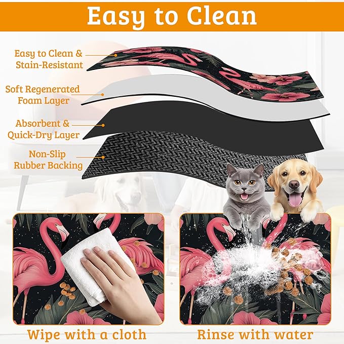 Pet Feeding Mat,Pink Flamingo Absorbent Dog Cat Food Mat Palm Leaves Dog Mat with Rubber Backing,Non-Slip Water Bowl Placemat,Pet Supplies 16" x 24"