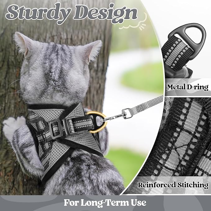 rabbitgoo Cat Harness and Leash Set for Walking Escape Proof, Adjustable Soft Kittens Vest with Reflective Strip for Cats, Comfortable Outdoor Vest, Grey, L