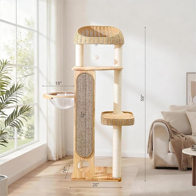 59-inch Cat Tree，Cat Tower with Scratching Post,Extra Long Sisal Blanket, Handwoven Basket & Space Capsule Nest