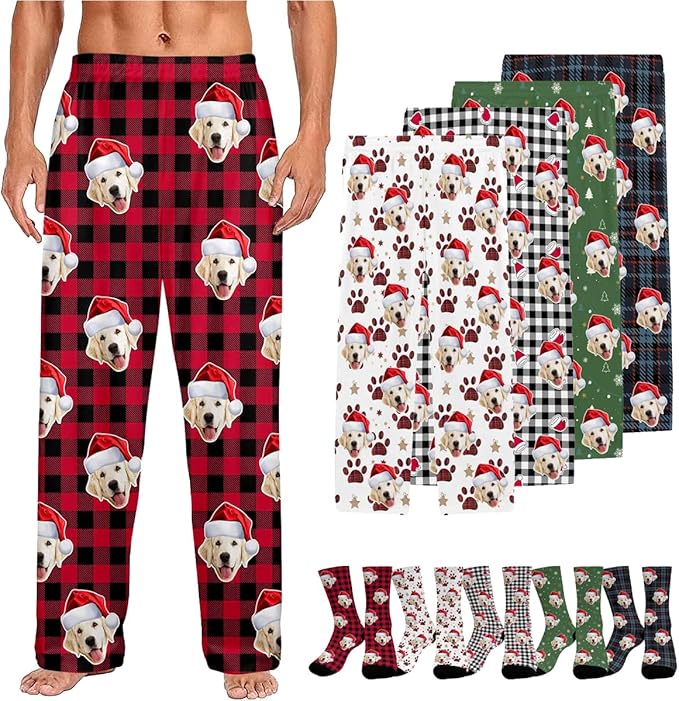 Custom Couple Pajama Pants Sock with Funny Face, Personalized PJ Anniversary Birthday Women Men Pants