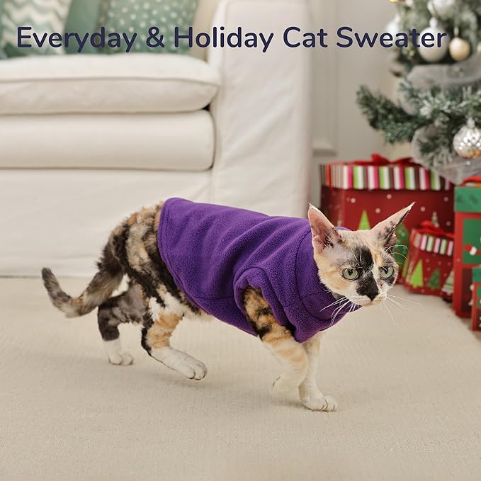 PUMYPOREITY Fleece Sphynx Cat Clothes, Warm Thick Cat Sweater, Soft Winter Coat for Hairless Cats, Cold Weather Pet Sweater for Dogs and Cats, Purple, L