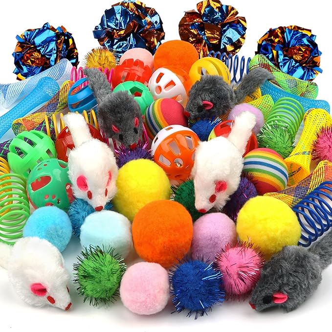 Kitten Toys, 60PCS Cat Balls Springs Toy Set, Cat Mouse Toy, Kitten Sparkle Crinkle Balls Furry Soft Pom Pom