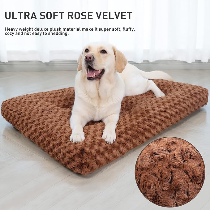 KSIIA Washable Dog Bed Deluxe Plush Dog Crate Beds Comfy Kennel Pad Anti-Slip Pet Sleeping Mat for Large, Jumbo, Medium, Small Dogs Breeds, 35" x 23", Brown