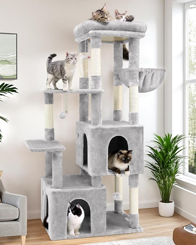 Globlazer Cat Tower for Indoor Cats, Heavy Duty Cat Trees for Large Adult Big Cats Maine Coon Cat Tree Tower with Scratching Post, Extra Large Top Perch, Cat Condos, F61, Cloud Grey, 61inch