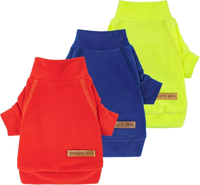 Fitwarm 3 Pack Classic Fleece Dog Sweater, Winter Clothes for Small Dogs Boy Girl, Turtleneck Dog Sweatshirt, Pet Apparel, Orange Red, Royal Blue, Neon Yellow, Small