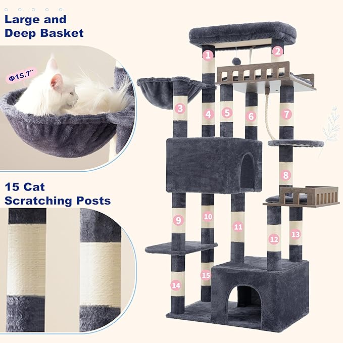 Maine Coon Cat Tree, Heavy Duty Cat Tree for Indoor Cats Large Adult, Cat Tower for Large Cats 20 lbs+ with Hammock, 2 Big Perches, 2 Cat Condos, 15 Scratching Posts, Smoky Gray GCT033G