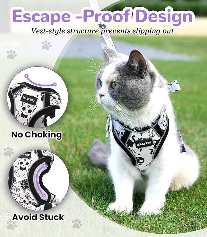 Halypet Cat Harness and Leash Set for Walking, Escape Proof Adjustable Vest Harness with 3-in-1 Integrated Buckles, Easy Control Soft Breathable Mesh with Reflective Strips for Cats, M, Moonlight Meow