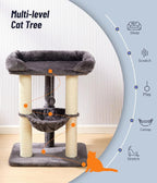 Happi N Pets 28" Cat Tree Tower, Tall Cat Scratching Post with Soft Perch for Window Viewing, Large Bed for Big Cats, Stable & Compact Cat Tower with Hammock, Removable Cover-Gray