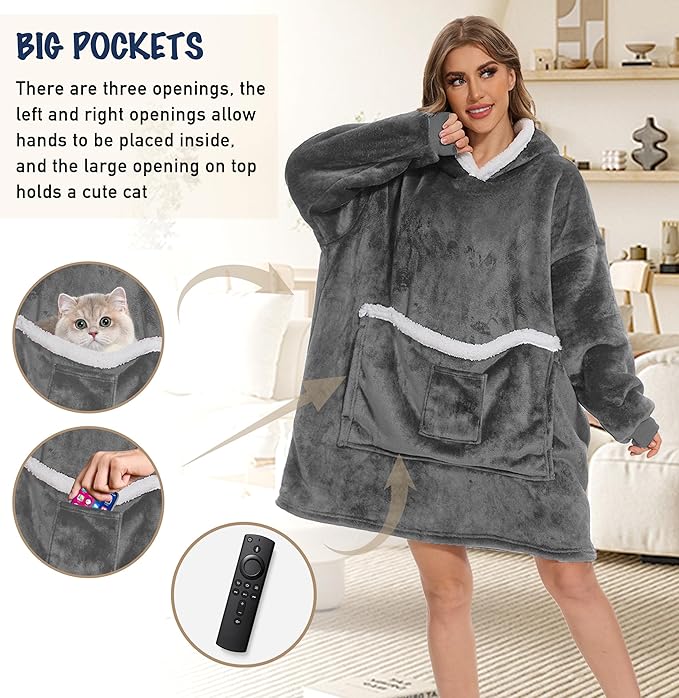 Wearable Blanket Hoodie with Giant Pocket, Soft Warm Sherpa Fleece Oversized Blanket Sweatshirt Gifts for Women Men