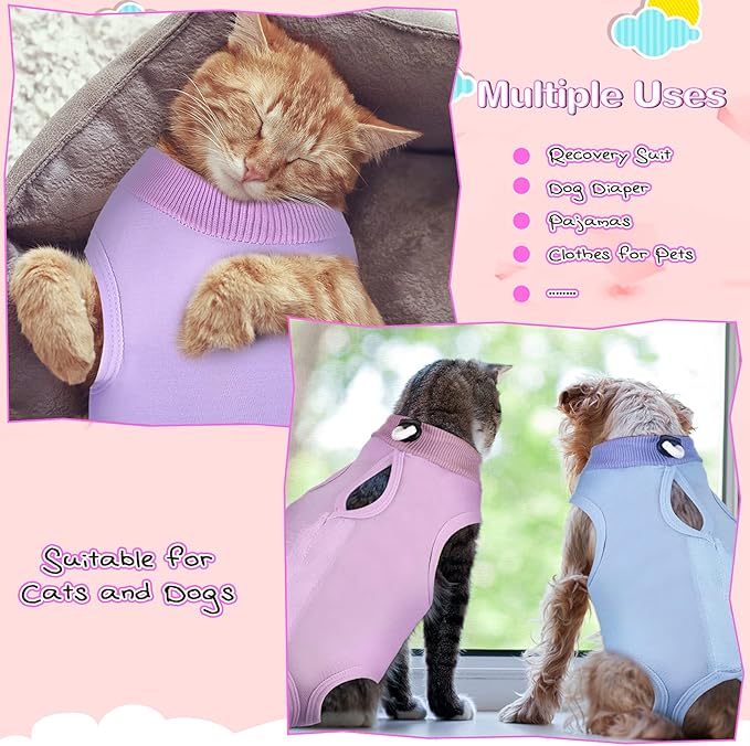Nuanchu 3 Pieces Cat Recovery Suit Kitten Recovery Suit E-Collar Alternative for Cats and Dogs Abdominal Skin Anti Licking Pajama Clothes Sets(Small,Solid Style,Purple Pink Blue)