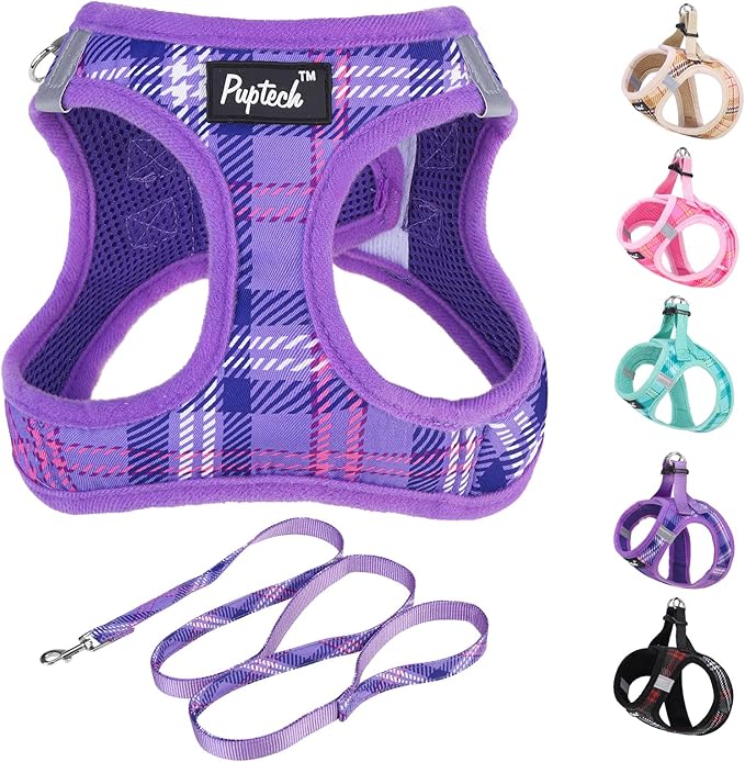PUPTECK Dog Harness and Leash Set for Small Medium Dogs No Pull Step-in Soft Mesh Puppy Cat Vest Harnesses Reflective at Night, Plaid Pattern Purple M