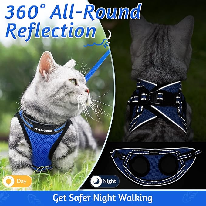 rabbitgoo Cat Harness and Leash Set for Walking Escape Proof, Adjustable Soft Kittens Vest with Reflective Strip for Cats, Comfortable Outdoor Vest, Blue, M