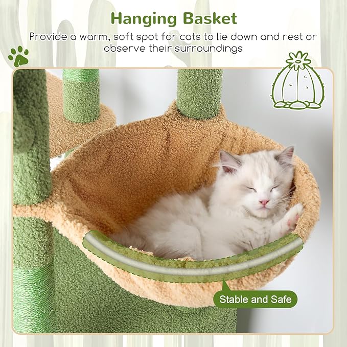 Globlazer Cactus Cat Tower for Indoor Cats, Heavy Duty Cat Trees for Large Cats Adult Big Cats Maine Coon Cat Tree Tower with Scratching Post, Extra Large Top Perch, Cat Condos, F61, Green, 61inch