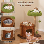 Tangkula Solid Wood Cat Tree, Natural Branch Cute Kitten Tower with Jute Scratching Post & Mat, Tree Hole Condo, Bed, Perch, Dangling & Spring Balls, Small Cat Climbing Stand for Indoor Cats & Kittens
