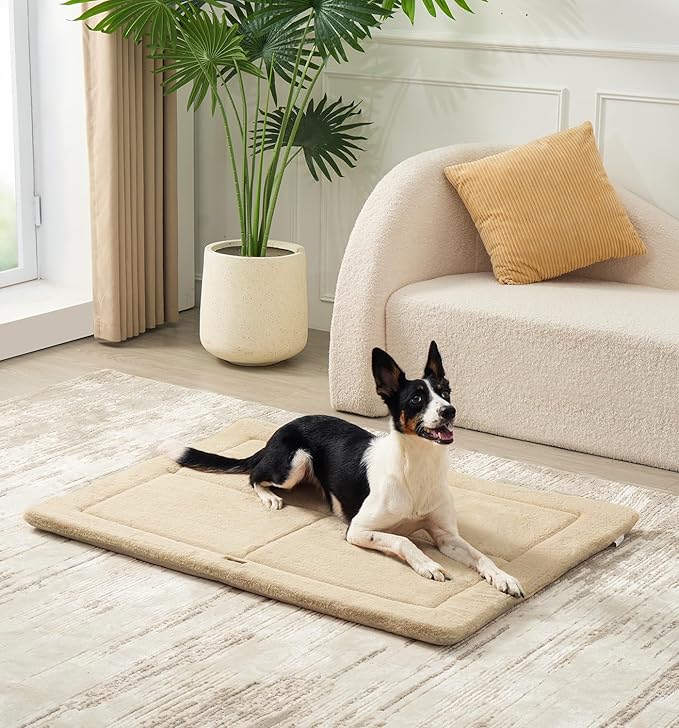 Made4Pets Dog Crate Pad Bed for Large Dogs, Washable & Reversible, Anti-Slip Kennel Mat for Cozy Sleeping, Soft Fluffy Dog Bed for Indoor & Outdoor Use, 41"x29", Beige
