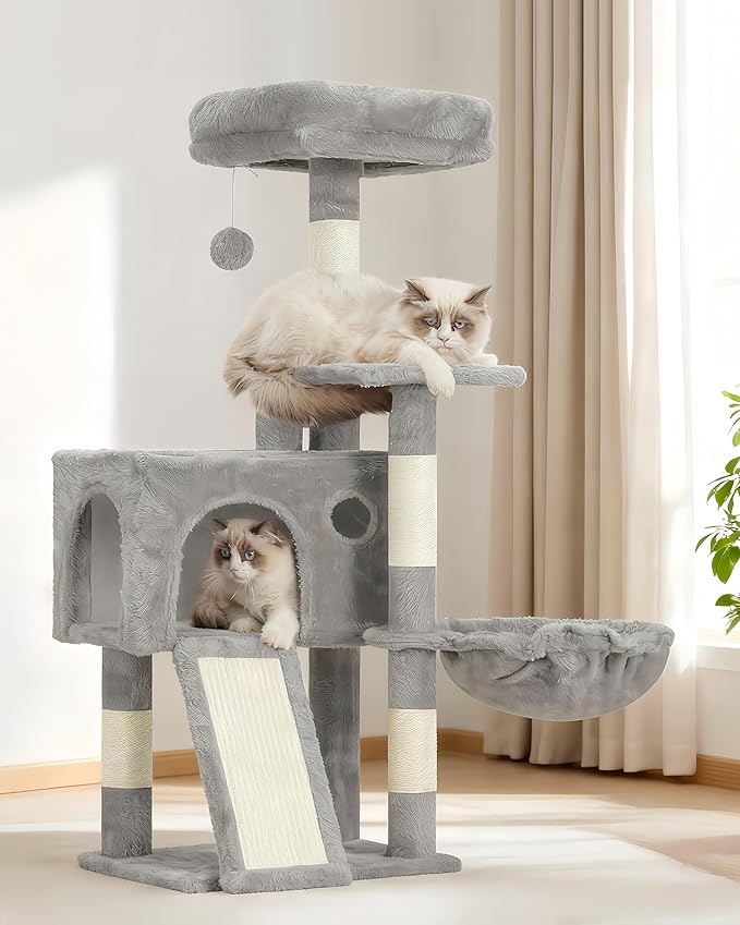 Cat Tree, 41.3" Cat Tower for Indoor Kittens with Scratching Board and Posts, Multi-Level Cozy Cat Condo with 2 Perches, Hammock, Balls, Light Gray GCT005SW