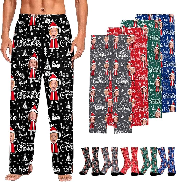 Custom Couple Pajama Pants Sock with Funny Face, Personalized PJ Anniversary Birthday Women Men Pants