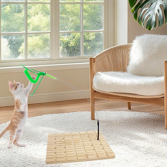 Interactive Cat Toy for Indoor Cats, Cat Scratching Board, Cat Wand Toy with Stable Wooden Base, Nail Polishing&Tooth Grinding Detachable Cat Teaser Kitty Kitten Toys Feather Spring Toy
