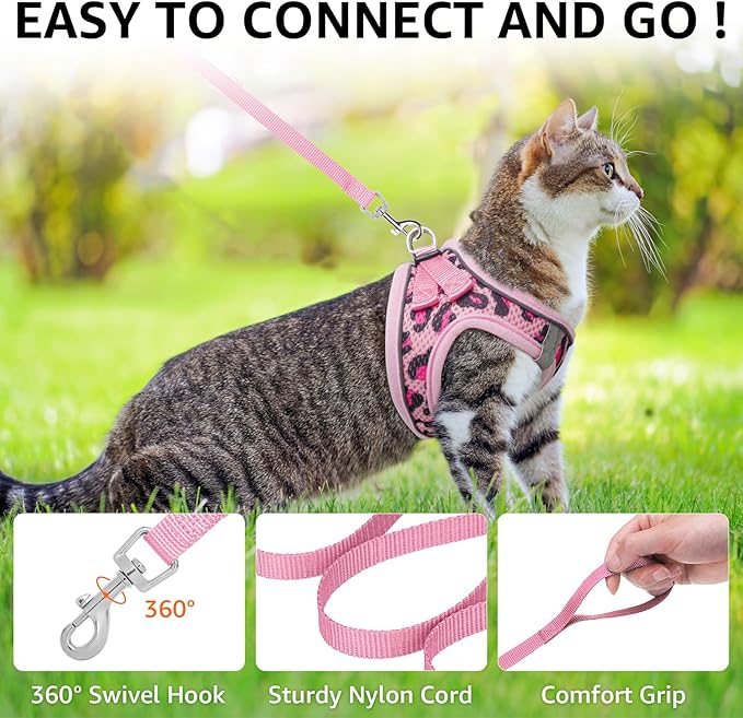 SCENEREAL Cat Harness & Leash Set Escape Proof - Adjustable Air Mesh Vest with Reflective Strips for Kittens, Puppies, Rabbits, Pink Leopard M