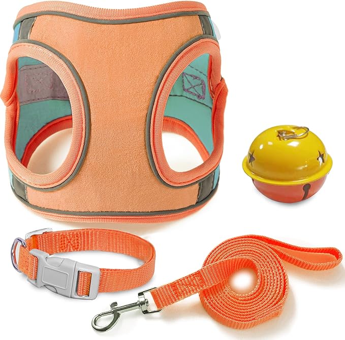 JSXD Cat Harness,Leash and Collar Set,Escape Proof Kitten Vest Harness for Walking,Easy Control Night Safe Pet Harness with Reflective Strap and Bell for Small Large Kitten,Fit for Puppy,Rabbit