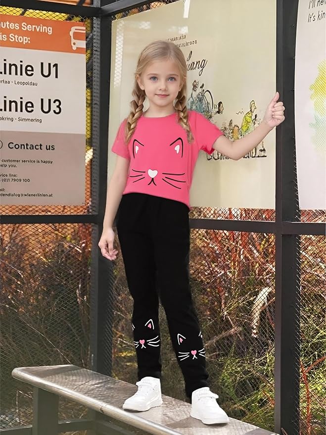 4-8T Toddler Girl Clothes Cat face print Short Sleeve Top+Pants Outfits Girl Spring and summer 2-Piece Set