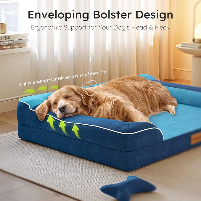 XXL Dog Bed for Extra Large Dogs, Giant Orthopedic Dog Bed with Cooling Gel Memory Foam, Waterproof Pet Bed with Removable Washable Cover, 53" Pet Sofa Bed Dutch Velvet with Bone Toy, Navy Blue