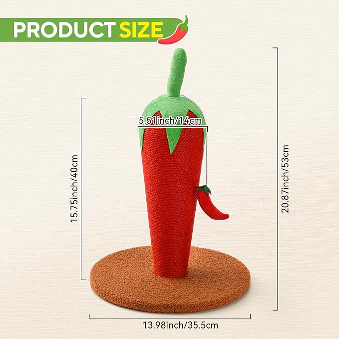 Chili Cat Scratching Post, 17'' Cute and Fun Sisal Cat Scratcher for Indoor Cats and Kittens