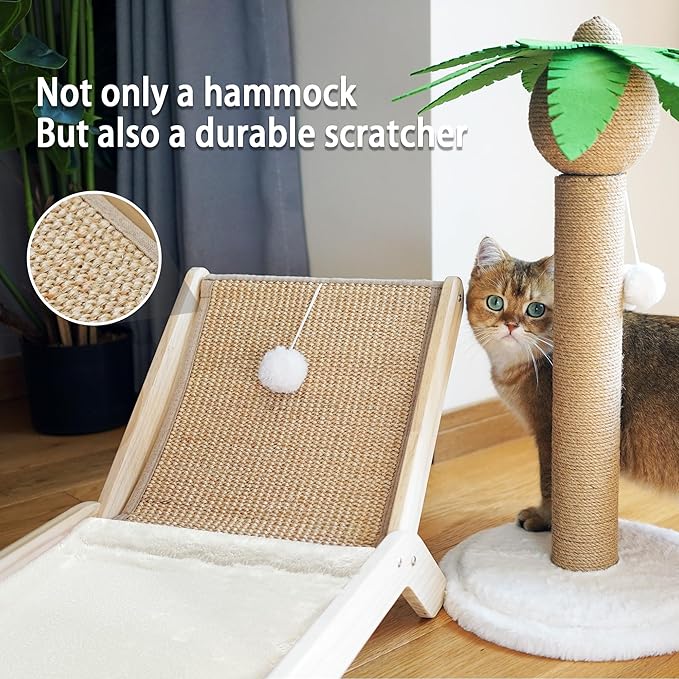 PETKARAY Beach Chair Cat Hammock, Elevated Cat Beds for Indoor Cats, Original Cozy Lounger with Sisal Scratcher and Toy Ball