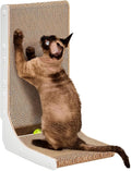 EHEYCIGA Cardboard Cat Scratcher for Indoor Kitten Cats, 19 Inch L Shaped Vertical Cat Scratching Board with Ball Cat Toy, Small Cat Scratcher Pad, White