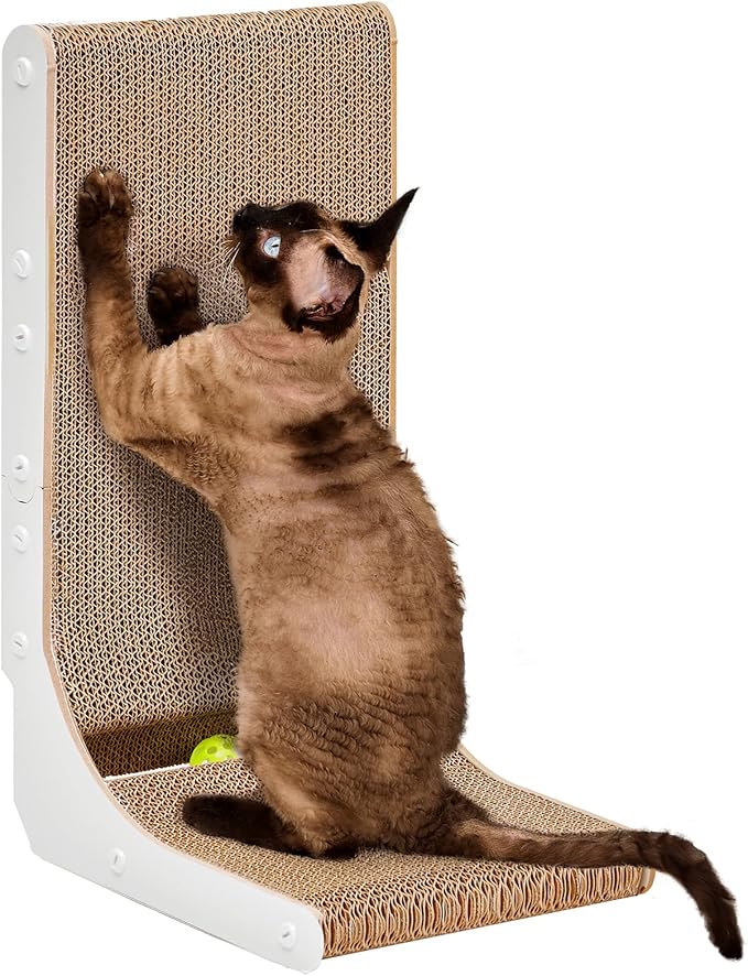 EHEYCIGA Cardboard Cat Scratcher for Indoor Kitten Cats, 19 Inch L Shaped Vertical Cat Scratching Board with Ball Cat Toy, Small Cat Scratcher Pad, White