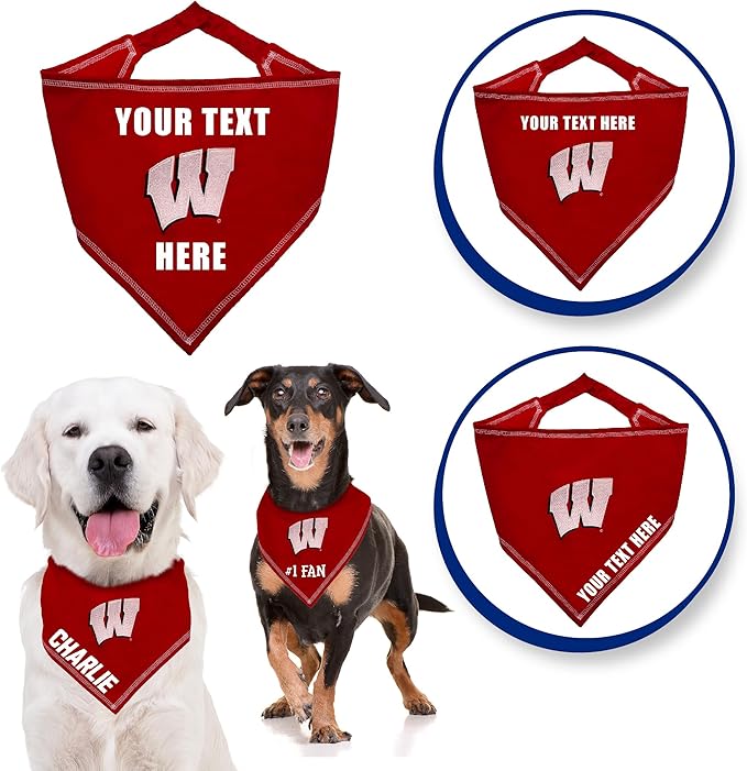 NCAA Wisconsin Badgers Personalized Tie Bandana for Dogs & Cats, Size Large/X-Large. Custom Dog Bandana Scarf Bib for Pet Cat Dog. The Ultimate Game-Day & Party Customizable Bandana
