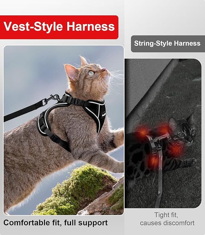 Cat Harness and Leash for Walking Escape Proof Soft Adjustable Cat Leash Breathable Comfortable Vest Easy to Wear Kitten Harness for Outdoor Travel Black S