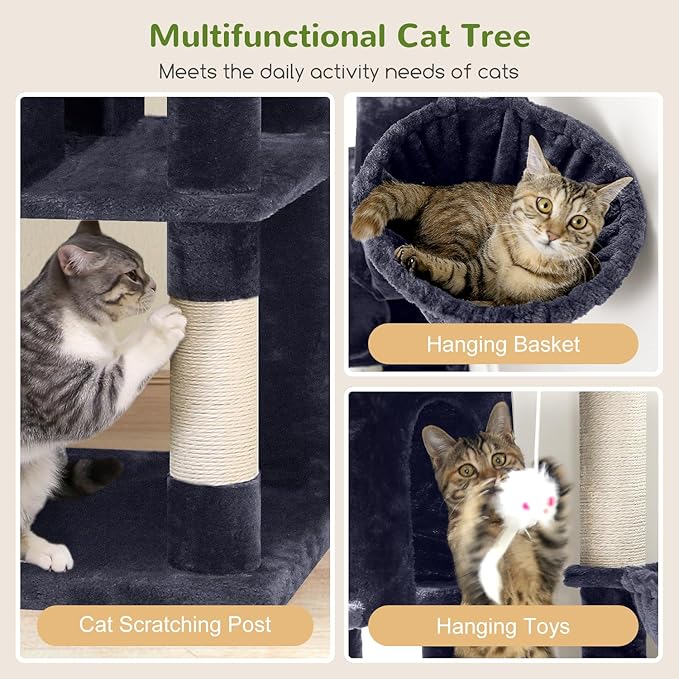 Globlazer Corner Cat Tree 66 inch Multi-Level Climbing Tower Kitty Condos Cat Scratching Tower for Indoor Multiple Cats with Large Platform, 3 Cat Caves, F66, Dark Grey