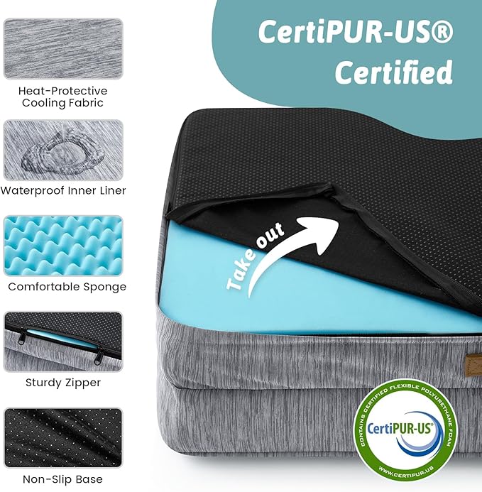 Cooling Dog Bed for Large Medium Size Dogs, Q-Max >0.4 Summer Cool Orthopedic Pet Sofa Bed with Sides, Bolster Anti-Slip Couch with Washable Removable Cover, L 36x27x6.5 inch, Dark Grey