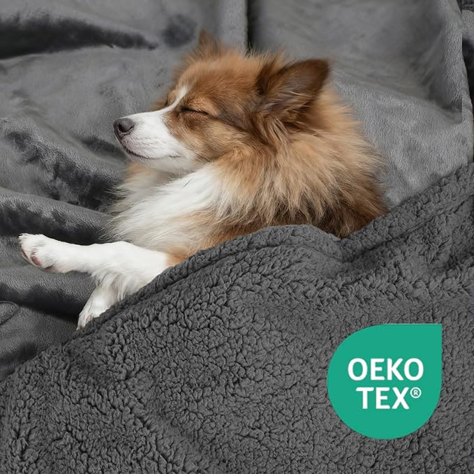Waterproof Dog Blanket for Large Dogs - Reversible Washable Pet Blanket, Soft Sherpa Fleece Furniture Protector, Cat Throw Bed Couch, Grey, 60"x80"
