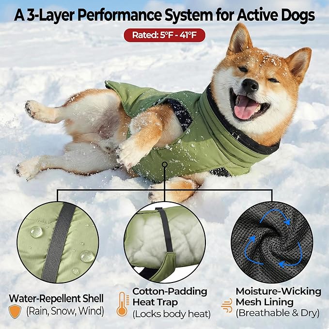 Dog Winter Coat, Warm Puffer Jacket with Fur-Safe Buckle & Leash Hole for Cold Weather, Water-Repellent Snow Vest, Breathable Thermal Apparel for Hiking & Active Dogs (Green, X-Large)