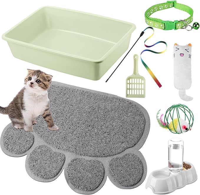 7 Pcs Small Cat Kitten Starter Kit Cat Litter Box with Shovel Paw Litter Mat Double Automatic Kitten Bowls Toy Teaser Stick Collar Essentials Kits for 1-3 Lbs Beginner(Simple,Green)