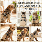 EXPAWLORER Plaid Cat Hoodie - British Style Warm Cat Sweater Shirt with Leash Hole,Pet Clothes Outfits,Winter Coat Apparel for Puppy Cats Girl Boy-Kitten Apparel,Beige XL